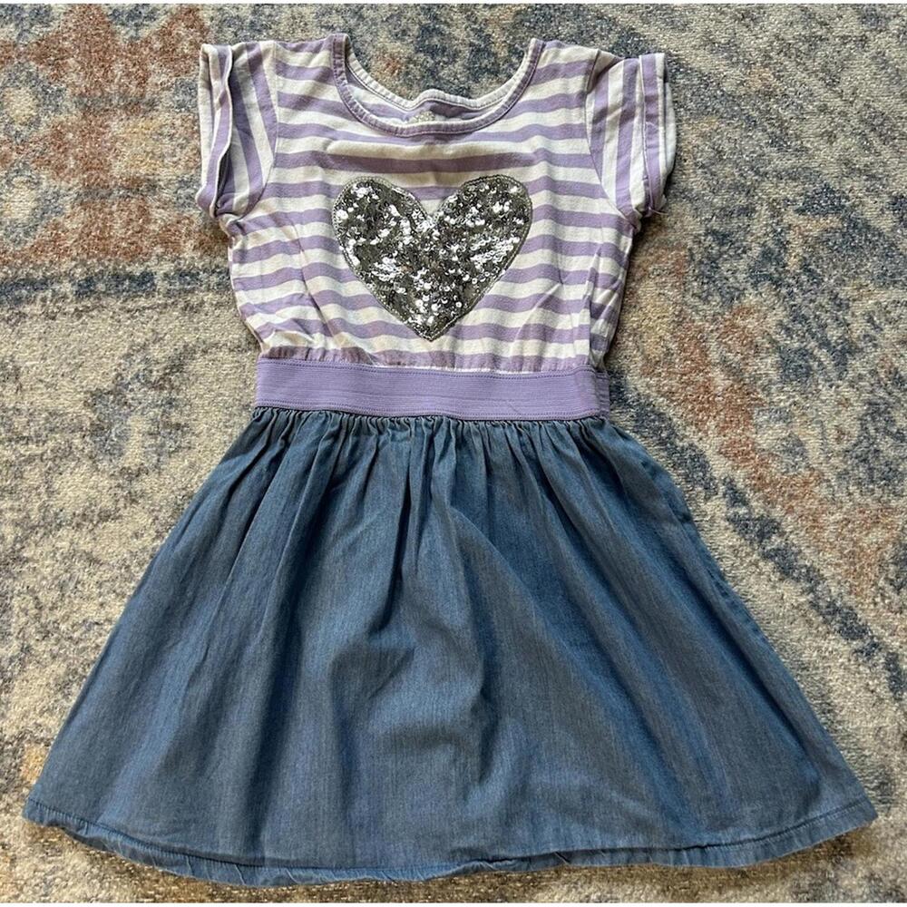 Children's Place Girls Purple/White Stripe Denim Dress with Sequin Heart Sz 7/8
